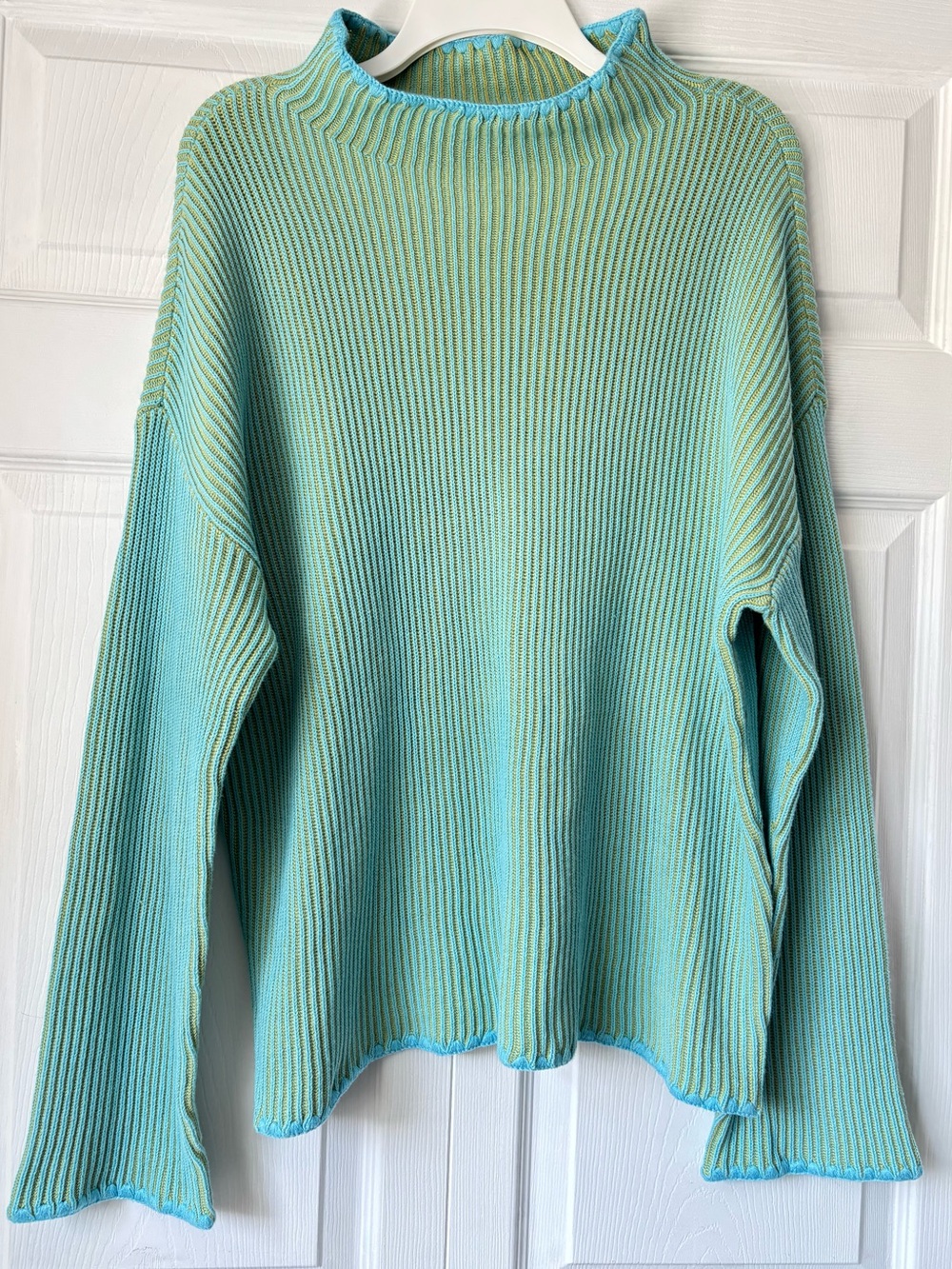 TRIBAL Ribbed Turtleneck Sweater in Aqua and Lime